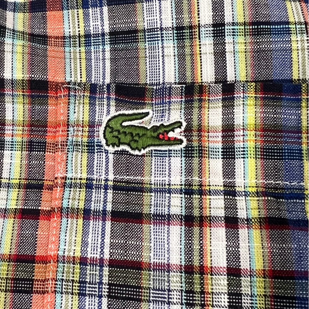 Lacoste men's cotton linen casual button down‎ plaid long sleeve size 2xl  -flaw